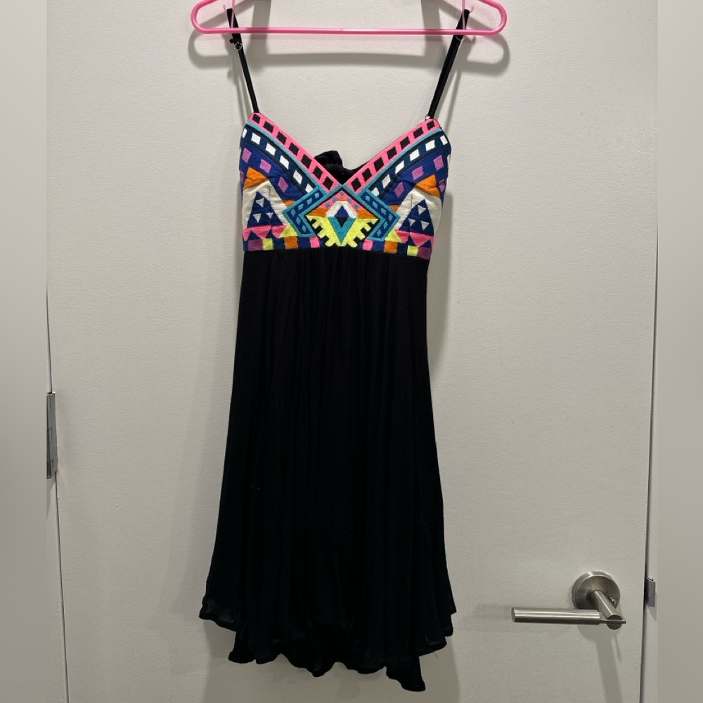 ***SOLD***Mara Hoffman Geometric Neon Babydoll Black Swing V-neck Mini Dress